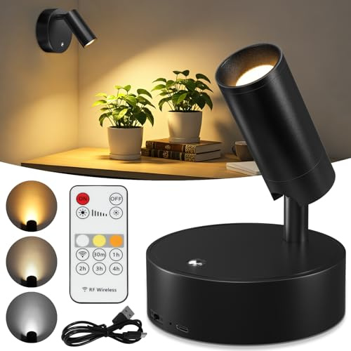 Kimjo Spot Lights Indoor, 4000mAh Rechargeable Battery LED Spotlight Indoor with Remote, Wireless Picture Lights with Timer Dimmable, Uplighting for Plant, Wall Art Display