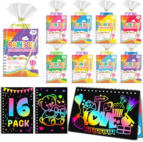 Scratch Art, Party Bag Fillers for Kids - Rainbow Scratch Art, Arts and Crafts, Class Gifts, Birthday Return Gifts for Boys Girls Age 4-9 (16-Pack)