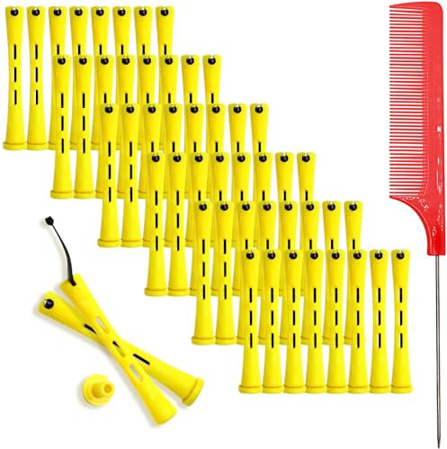 48 Pcs Small Perm Rods,Perm Rods for Long Hair,Hair Rods for Curls Hairs with Rat Tail Combs and Steel Pintail,Heatless Rollers for Hairdressing Styling Essential Tools(0.28 x 3.23 Inch Yellow)