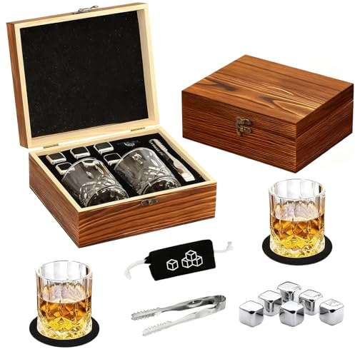 Whiskey Steine Geschenkset mit 6 wiederverwendbaren Kühlsteinen 2 Gläsern und handgefertigter Holzkiste Ideal für Männer Väter Ehemänner Geburtstagsfeier und Liebhaber