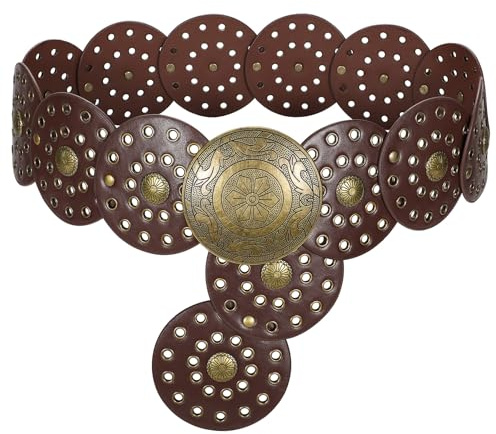 WERFORU Women's Boho Disc Belt Wide Western Leather Belt Vintage Concho Waist Belts for Dress Jeans
