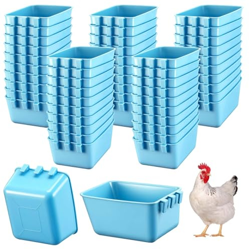 Maxdot 50 Pcs Cage Cups Chicken Feeder Cups 16 oz Hanging Bird Food Water Bowl Bunny Cage Feeding Dish for Pet Parrot Rooster Parakeet Gamefowl Poultry Pigeon (Sky Blue)