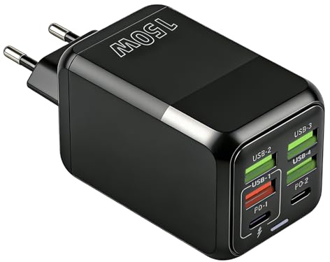 Chargeur USB C Rapide 150W 6 Ports Noir, Prise USB C Charge Rapide 150W, 2 PD 3.0 et 4 USB QC 3.0 Prise Chargeur Rapide Compatible avec iPhone 17 16 15 14 13 Pro Samsung Xiaomi iPad MacBook