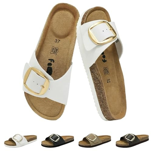 chetoria Sandales Mules Femme Cuir Véritable Semelle Liège Boucle Blanc 40