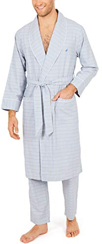 Nautica Mens Long-Sleeve Lightweight Cotton Woven-Robe Bathrobe, Grey, Small-Medium US