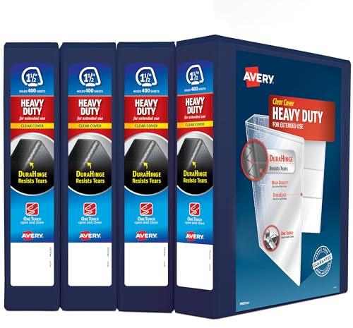 Avery Heavy Duty View 3 Ring Binder, 1.5 One Touch Slant Ring, Holds 8.5 x 11 Paper, 4 Navy Blue Binders (79871)