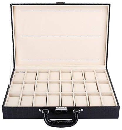 La-achu Scatola Portaoggetti per Orologi 24 Griglia in Pelle Sintetica con Chiave 16,9 x 11,4 x 3,5 Pollici - Nero