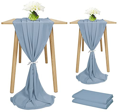 Showgeous 2 pezzi Runner da tavola in chiffon 28x120 pollici Runner da matrimonio romantico 10 piedi Copritavolo in chiffon trasparente blu polveroso Runner da toeletta per matrimonio