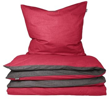 Schiesser Bettwäscheset Doubleface | 2-teilig | Zweifarbig | Feinbiber | 100% Baumwolle | Oeko-Tex Zertifiziert | Reißverschluss | 155x220cm + 80x80cm | Rot-Dunkelgrau