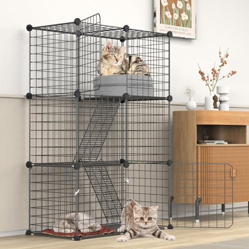 ybaymy Parc de jeu pour animal domestique,Grand 3 étages,Cage pour chat avec 3 portes, 2 échelles,Clôture anti-saut,Pour chaton, lapin, chinchilla, animal de compagnie,109x75x39 cm,Noir