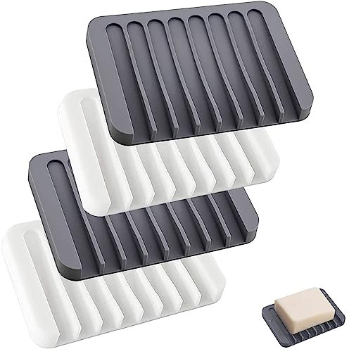 Portasapone in silicone, 4 pezzi, portasapone autolivellante, design antiscivolo, per bagno, cucina, contatore, grigio, bianco