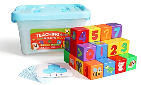 Blocs de construction en plastique Cube à empiler,3CM Grands blocs avec motifs colorés,Jouet éducatif pour les enfants d'âge préscolaire,Exercices de développement de la motricité fine(30cubes)