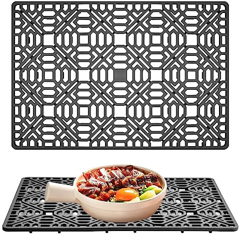 volumoon 40x27 cm Silikon Spülbeckenmatte,Hitzebeständig und rutschfest Küchen-Abtropfuntersetzer,Multifunktionales Drain Board,Abtropfmatte spüle,für Tassen,Obstund Badunten silien usw(Dunkelgrau)