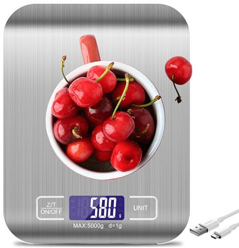 Bilancia da Cucina Digitale 10 kg/1 g - Ricaricabile USB Con Display LCD e Funzione Tara - Professionale Multifunzione Con Cavo