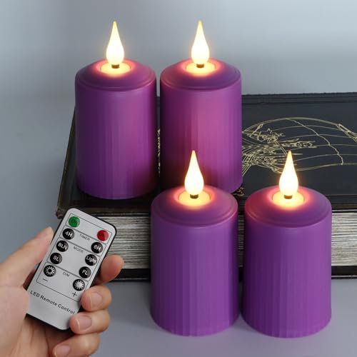 FREEPOWER Lot de 4 bougies LED violettes vacillantes avec télécommande et minuteur pour extérieur, alimentées par piles, bougies pilier sans flamme pour couronne de l'Avent, blanc chaud, décoration