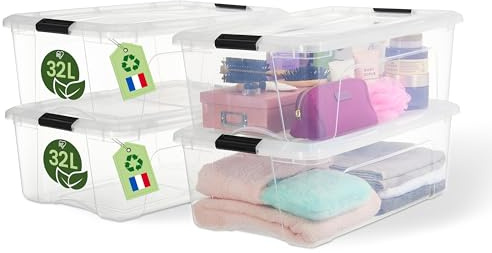 Iris Ohyama, Boite Rangement Plastique avec Couvercle, 32L, Lot de 4, Transparent, Clips de Fermeture, Poignée, Empilable, Organisation Solide et Durable, pour Chambre, Dressing, Bureau, BSB-32