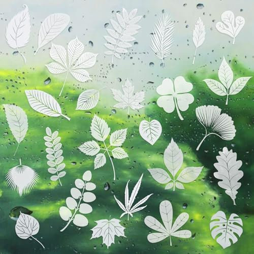 26 Stück Blatt Fensteraufkleber Vogelschutz Doppelseitig Weiße Blätter Aufkleber Warnaufkleber Statische Aufladung Wiederverwendbare Glasdekoration zur Verhinderung von Vogelschlag für Türfenster