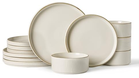 famiware Star Dinnerware Set, Plates and Bowls Sets for 4 (12pcs), Ribbed Stoneware Dishes - Chip & Scratch Resistant, Microwave & Dishwasher Safe Tableware, White