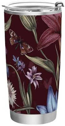 siphylline Fiori Lily Delphinium Borgogna tazze in acciaio inossidabile per gli uomini Resistente alle perdite Tazza da caffè Flip con coperchio per bevande calde e fredde bicchiere sicuro 590 ml