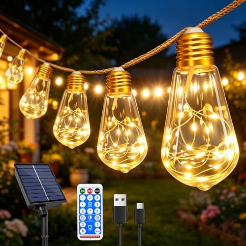PATEMZON Catena Luminosa Solare per Esterni, 7.5M Catena Luci da Esterno Giardino, Luci Giardino in Corda di Canapa, 16 Lampadine + 8 Modalità + Timer, per Festa, Campeggio, Balcone, Matrimonio