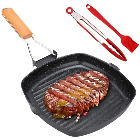 WIYETY Poêle à griller 20 cm à induction : alliage d'aluminium avec 2 rainures - Poêle à steak anti-adhésive avec clip alimentaire - Pour cuisine et pâtisserie - Tous types de cuisinières