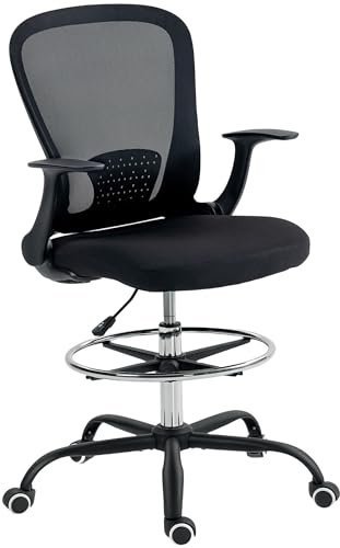 HOMCOM Chaise Bureau Ergonomique avec Repose-Pieds Ajustable et accoudoirs relevables, Chaise de Dessin à Dossier en Maille, Hauteur réglable, accoudoirs Hauts, pivotante 360°, Noir