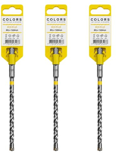 COLORS - Foret Béton SDS Plus 6 mm x 160 mm - Professionnel – Pointe Carbure Haute Performance – Brique Béton Pierre Naturelle Parpaing – Perforateur – Code Couleur Jaune – Lot de 3