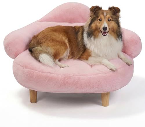 Veehoo Elevated Dog Couch Bed, Cute Dog Sofa Bed for Small Medium Dogs, Raised Dog Bed with Washable Cover and Sturdy Wood Legs, Modern Indoor Pet & Puppy Beds with Frame and Soft Cushion, Light Pink