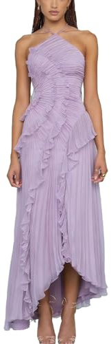 Vestido largo con volantes y pliegues para mujer, vestido de gasa largo sin mangas, con cuello halter, volantes escalonados, vestido largo de gala para invitada de boda, fiesta formal, Morado (, XL