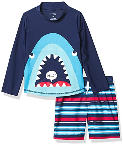 Simple Joys by Carter's Baddräkt Trunk och Rashguard set med Rash Guard för pojkar 0–24 (1 pack), Marinblå haj/röd randig, 3 anni