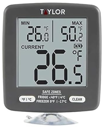 Taylor LCD Display Digital Kitchen Refrigerator/Freezer Kitchen Thermometer Min/Max on Display, 2 inch display, Gray, 1 Count (Pack of 1)