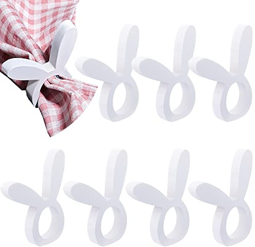 Patelai 8 Pieces Wooden Easter Bunny Rabbit Napkin Rings Wooden Dinner Easter Napkins Ring Table Dinner for Party Decoration (White)