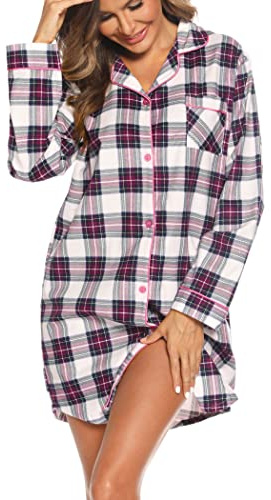 ENJOYNIGHT Camicia da notte da donna in flanella, a maniche lunghe, con bottoni, taglie S-XXL, Sbarre, XXL