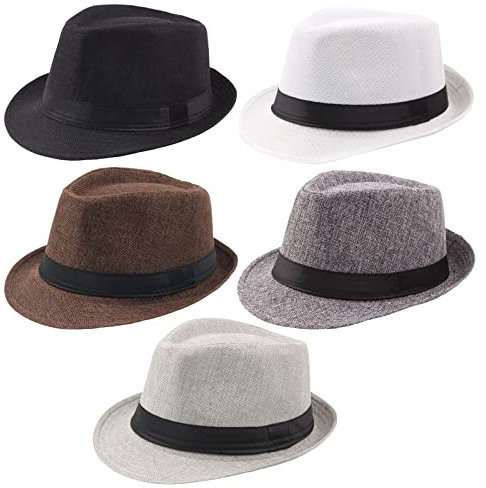 Ultrafun 5 Pack Short Brim Fedora Classic Summer Beach Sun Hat Panama Straw Cap for Men Women (Medium, 5Pack-Black+White+Coffee+Dark Grey+ Light Grey)