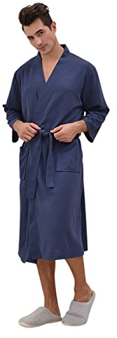Men Kimono Robe Yukata Dressing Gown Men Bathrobe Cotton Sleepwear Loose Nightdress Lightweight Pajamas Comfy Spa Swimming Bath Robe Wrap Home Casual Wear with Pocket Adjustable Waistband