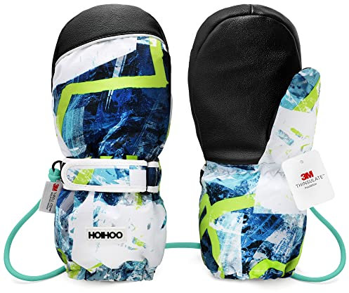HOIHOO Ski-Fäustlinge für Kinder, wasserdicht, Thinsulate-Fäustlinge, Kleinkinder, warme Winter-Skihandschuhe mit Schnur für Jungen und Mädchen