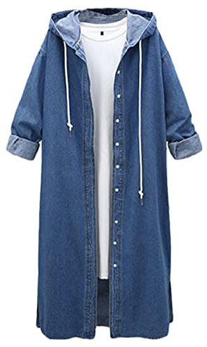 LOIJMK Giacca di jeans da donna, lunga, oversize, in denim, con cappuccio, taglie forti, cardigan con bottoni, stile vintage