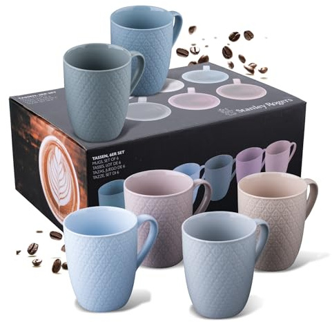 Stanley Rogers 6-teiliges Tassen-Set – Kaffeetassen in modernem Rautendesign – Hochwertiges New Bone Material in Pastelltönen – Perfekt für Heißgetränke wie Kaffee, Tee oder Kakao – 340 ml Volumen