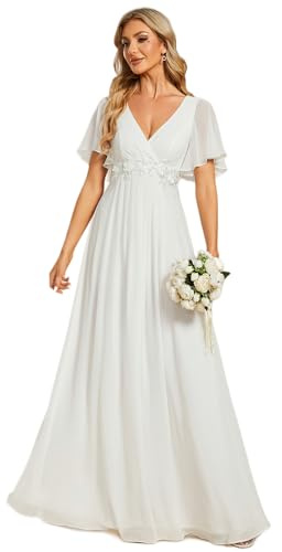 Ever-Pretty Women's Chiffon V Neck Short Sleeves Appliques White Bridesmaid Dressses Cream 18UK