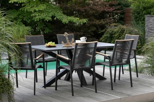 MR. DEKO Gartenmöbelset Alicante Malaga Aluminium | Gartenmöbelset 7-teilig 6 x Diningsessel & Tisch | Outdoormöbelset Alu & Sitz- & Rückenbezug Rope | Stabile & wetterfeste Sitzgruppe Teakarmlehne