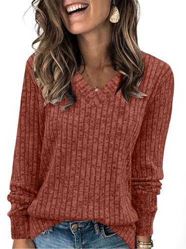 Aokosor Long Sleeve Tops Women UK- V Neck Jumpers for Women Ladies Basic Lightweight Tunic Caramel Size XL