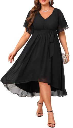 Talisea Plus Size Cocktail Dress Black Wedding Guest Formal Chiffon Short Sleeve High Low Semi Formal Dress Curvy Women