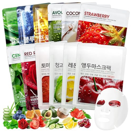 12 Stück Gesichtsmasken Set, Daily Care Tuchmasken Beauty Frucht Extrahierte Schönheit Gesichtsmaske Mehrpackung Feuchtigkeitsspendend Tief Nährend Straffend Deutlich Verbessert Den Hautzustand