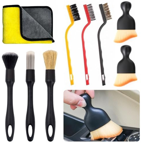 UZSUZZ Car Detailing Brushes Set, 9PCS Soft Bristle Car Interior cleaning Brushes Kit, Car Interior Crevice Detailing Dusting Brush Tools for Interior/Exterior Automotive Trim Wheel Rim Engine