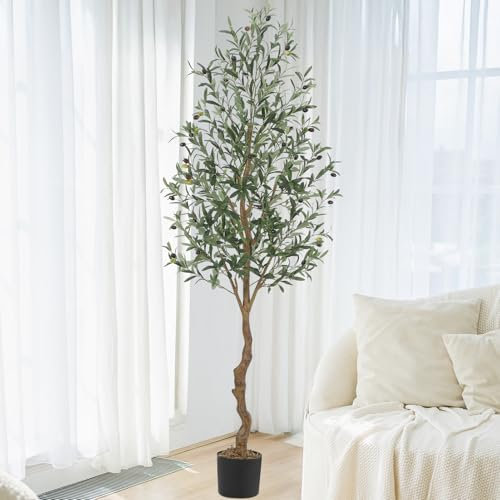 Aptliton 6FT Artificial Olive Tree, 180cm Large Tall Fake Plants, Artificial Olive Plants with Lifelike Leaves, Wood Trunk, Fruits, Suitable for Indoor Outdoor Living Room Office Garden Decor