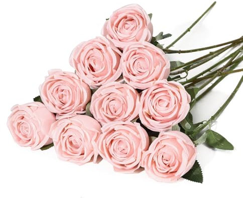 LEUCHTAMOR 10pcs Artificial Roses Blush Fake Rose Flower Realistic Faux Roses for DIY Wedding Bouquets Bridal Shower Centerpieces Floral Arrangements Party Tables Home Decorations