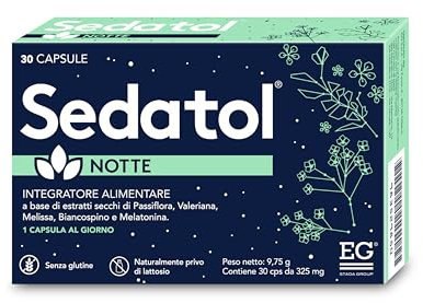 EG Sedatol NOTTE | Melatonina, Estratti di Passiflora, Valeriana, Melissa, Biancospino | Migliora la Qualità del Sonno, Naturalmente e Senza Creare Abitudine | 30 Capsule