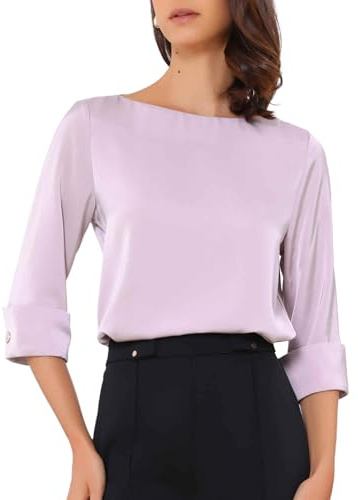 Allegra K Womens Dressy Blouse Elegant Boat Neck 3/4 Sleeve Satin Work Tops