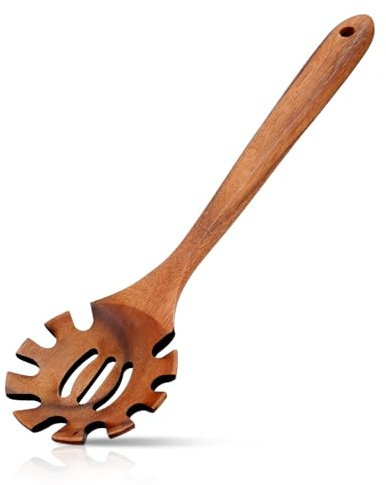 Spaghetti Spoon Wooden Pasta Spoon with Teeth Spaghetti Fork Tongs 12.5 Inch Teak Slotted Strainer Spoons for Cooking Serving Collecting, Wooden Fork Server Utensil with Claws, Wood Noodle Strainer