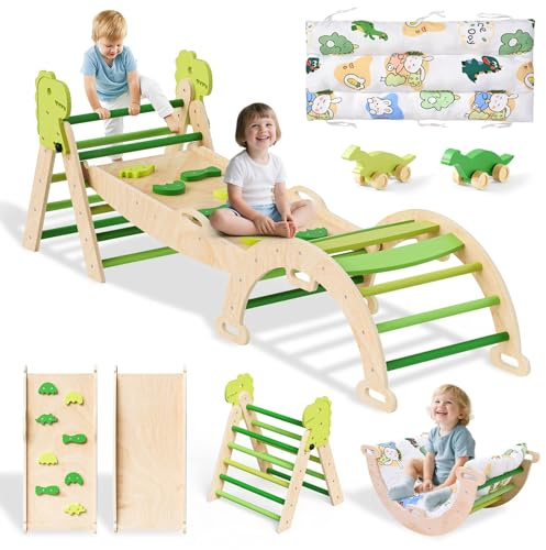 STYPLZ Montessori 9 in 1, telaio per arrampicata indoor, triangolo interno con cuscino accogliente, scivolo per bambini, Montessori, parco giochi indoor per 1-3 anni (dinosauro verde)